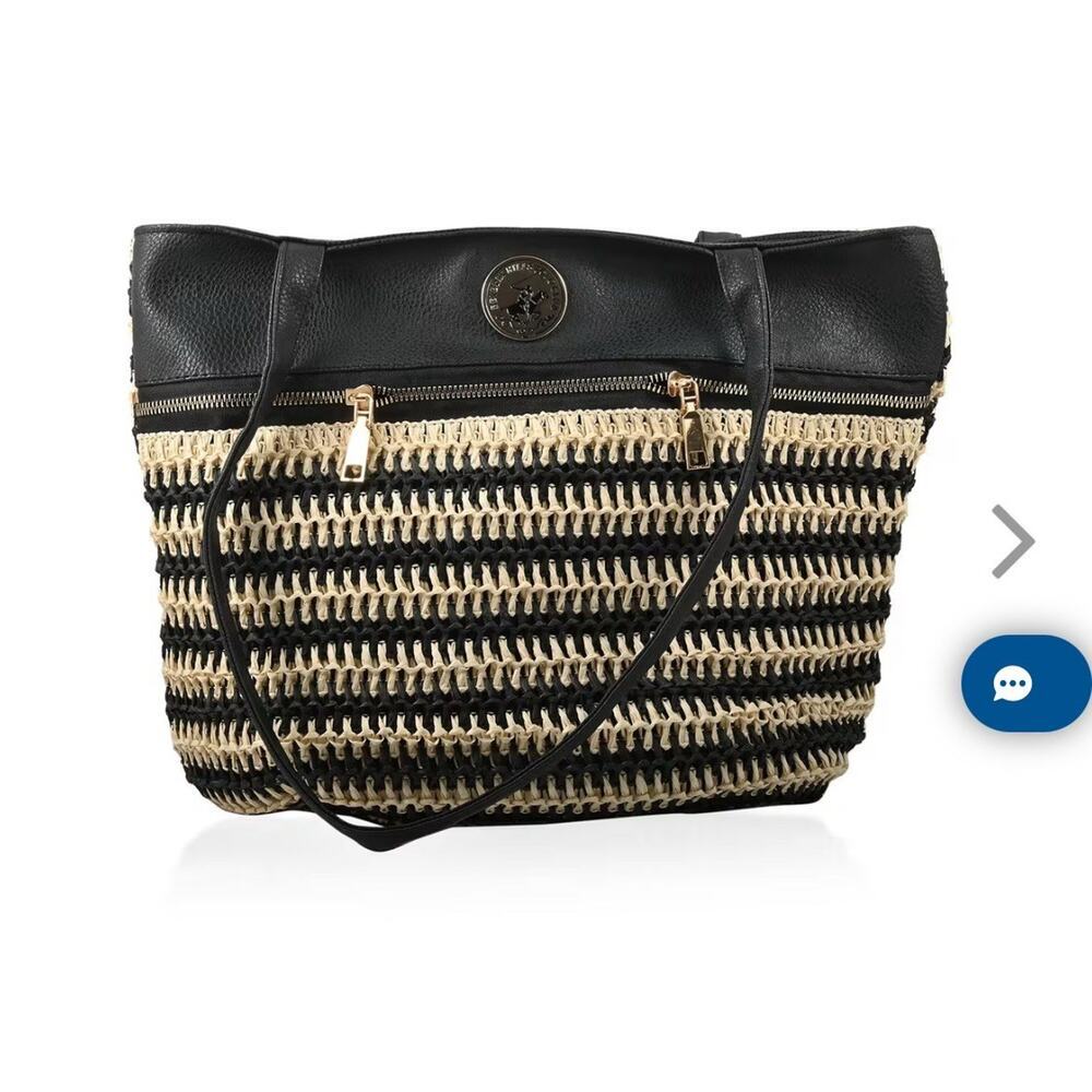 Beverly Hills Polo Club Women‎ Black Straw Stripe Tote Bag Gold Logo NWT